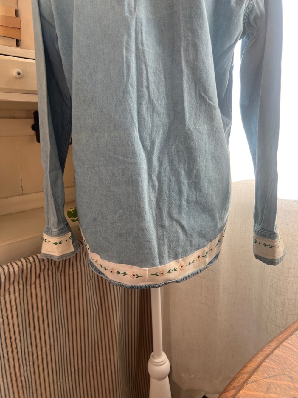 Levi denim button down shirt Upcycled antique embroidery cross stitch detail MED - Picture 7 of 8